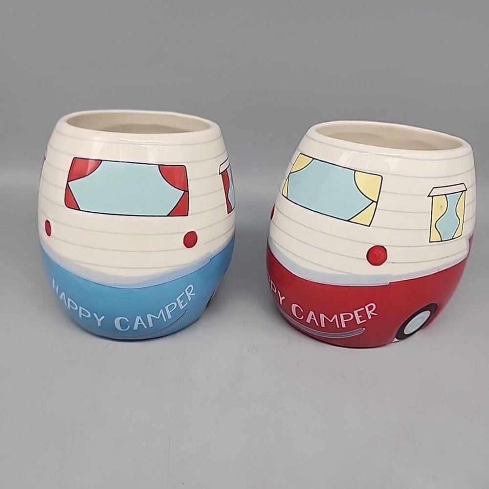 Bass Pro Shops Happy Camper Ceramic Mugs Set of 2 RV Travel Coffee Cup